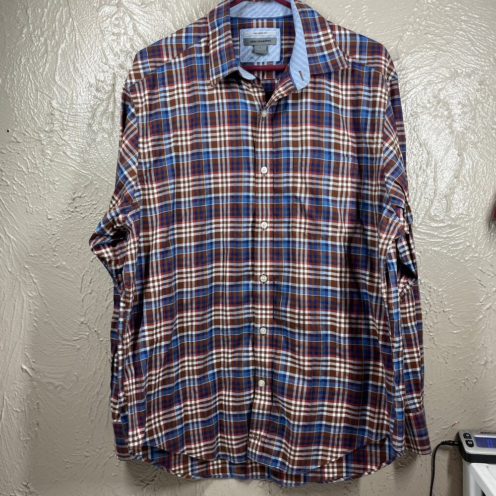 Johnston & Murphy‎ Blue Brown Long Sleeve Tailored Fit Check Shirt Mens Large